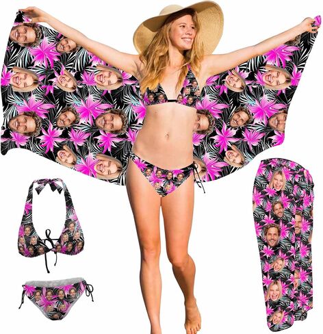 Custom Women Sexy Swimsuit Bikini Set with Face Personalized Matching Swim Top Bottom & Beach Cover Up for Swimwear in Kuwait