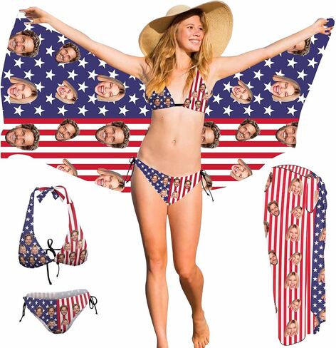 Custom Women Sexy Swimsuit Bikini Set with Face Personalized Matching Swim Top Bottom & Beach Cover Up for Swimwear in Kuwait