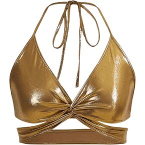 OYOANGLE Women's Metallic Twist Front Halter Tops Deep V Neck Backless Wrap Crop Cami Top in Saudi Arabia