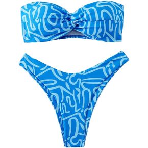 GORGLITTER Women's Strapless Bandeau Bikini Sets High Cut Thong Graphic Twist Swimsuits Bathing Suit in Saudi Arabia
