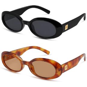 Retro Oval Sunglasses for Women Men Trendy Small 90s Style Vintage Skinny Narrow Frame 2-Pack in Saudi Arabia