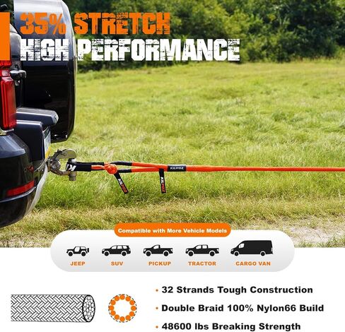 Kinetic Recovery Tow Rope 1" x 30ft – 48,600lbs Snatch Strap with 2pcs UHMWPE Soft Shackles, 35% Stretch Heavy-Duty Offroad Recovery Kit for Truck SUV Car Tractor – Orange by KILVOZ in Saudi Arabia