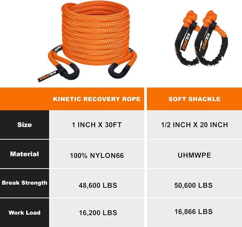 Kinetic Recovery Tow Rope 1" x 30ft – 48,600lbs Snatch Strap with 2pcs UHMWPE Soft Shackles, 35% Stretch Heavy-Duty Offroad Recovery Kit for Truck SUV Car Tractor – Orange by KILVOZ in Saudi Arabia