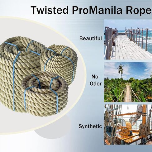 LABLT 1 inch Twisted ProManila Rope Cordage, 50 feet UnManila 3 Strand Synthetic Polypropylene Rope Tan Thick Polypropylene Cord for Indoor Outdoor Use, Tug of War, Marine in Saudi Arabia