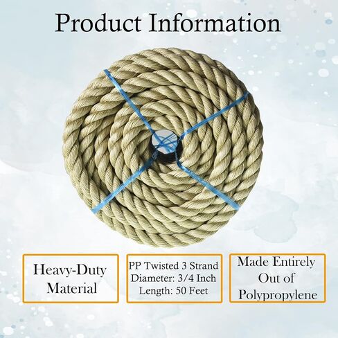 LABLT 1 inch Twisted ProManila Rope Cordage, 50 feet UnManila 3 Strand Synthetic Polypropylene Rope Tan Thick Polypropylene Cord for Indoor Outdoor Use, Tug of War, Marine in Saudi Arabia
