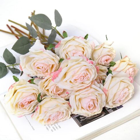 Kimura's Cabin 12pcs Lifelike Faux Silk Roses Flowers Long Stem Artificial Rose Bouquet Plastic Fake Vintage Roses for Valentines Day Home Centerpiece Wedding Party DIY Decoration(Pink White) in Kuwait