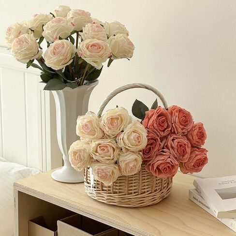 Kimura's Cabin 12pcs Lifelike Faux Silk Roses Flowers Long Stem Artificial Rose Bouquet Plastic Fake Vintage Roses for Valentines Day Home Centerpiece Wedding Party DIY Decoration(Pink White) in Kuwait