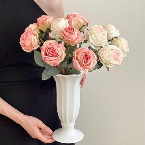 Kimura's Cabin 12pcs Lifelike Faux Silk Roses Flowers Long Stem Artificial Rose Bouquet Plastic Fake Vintage Roses for Valentines Day Home Centerpiece Wedding Party DIY Decoration(Pink White) in Kuwait