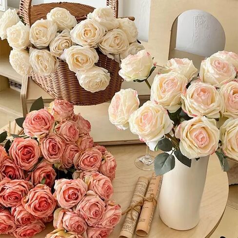 Kimura's Cabin 12pcs Lifelike Faux Silk Roses Flowers Long Stem Artificial Rose Bouquet Plastic Fake Vintage Roses for Valentines Day Home Centerpiece Wedding Party DIY Decoration(Pink White) in Kuwait