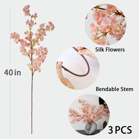 mizii 3Pcs Artificial Pink Cherry Blossom Branches 40" Fake Silk Cherry Blossoms Flowers with Long Stem for Wedding Decorations Table Centerpieces Vase Arrangement Home Decor (Pink) in Kuwait