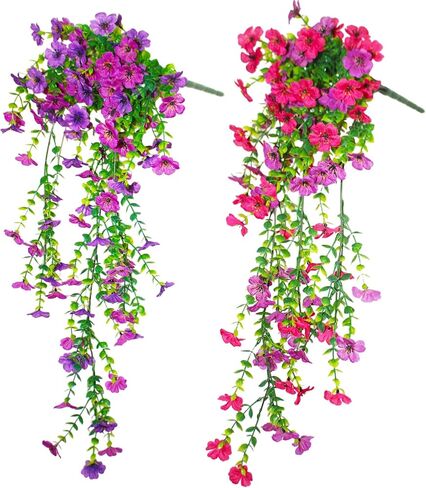 2Pcs Artificial Fake Hanging Plants Flowers, Faux Silk Fuchsia Orchid Long Vines for Home Porch Patio Planter Decoration, UV Resistant Artificial Plants for Outdoor Outside Decoration(Double Purple) in Saudi Arabia