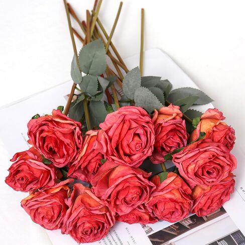 Kimura's Cabin 12pcs Lifelike Faux Silk Roses Flowers Long Stem Artificial Rose Bouquet Plastic Fake Vintage Roses for Valentines Day Home Centerpiece Wedding Party DIY Decoration(Pink White) in Kuwait