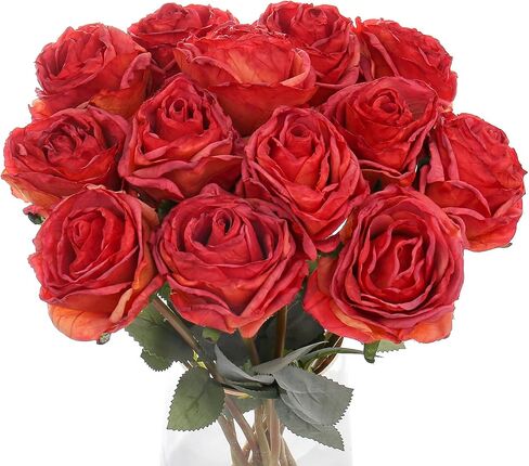 Kimura's Cabin 12pcs Lifelike Faux Silk Roses Flowers Long Stem Artificial Rose Bouquet Plastic Fake Vintage Roses for Valentines Day Home Centerpiece Wedding Party DIY Decoration(Pink White) in Kuwait