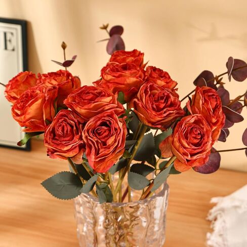 Kimura's Cabin 12pcs Lifelike Faux Silk Roses Flowers Long Stem Artificial Rose Bouquet Plastic Fake Vintage Roses for Valentines Day Home Centerpiece Wedding Party DIY Decoration(Pink White) in Kuwait