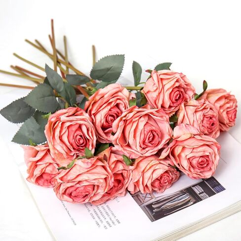 Kimura's Cabin 12pcs Lifelike Faux Silk Roses Flowers Long Stem Artificial Rose Bouquet Plastic Fake Vintage Roses for Valentines Day Home Centerpiece Wedding Party DIY Decoration(Pink White) in Kuwait