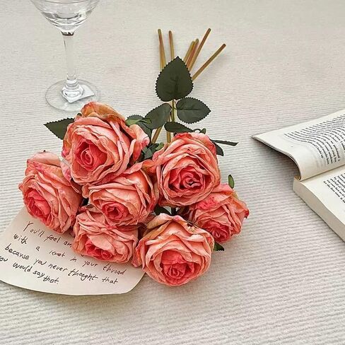 Kimura's Cabin 12pcs Lifelike Faux Silk Roses Flowers Long Stem Artificial Rose Bouquet Plastic Fake Vintage Roses for Valentines Day Home Centerpiece Wedding Party DIY Decoration(Pink White) in Kuwait