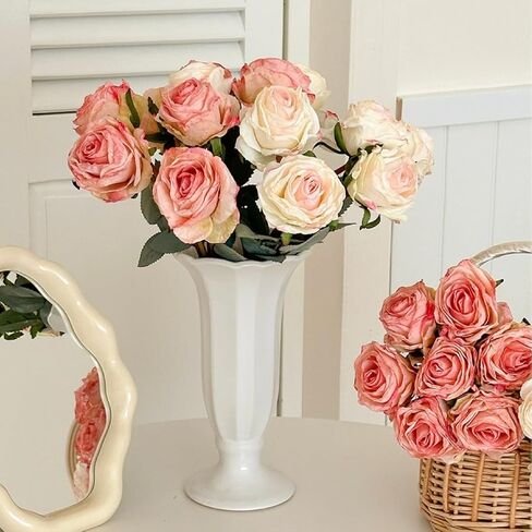 Kimura's Cabin 12pcs Lifelike Faux Silk Roses Flowers Long Stem Artificial Rose Bouquet Plastic Fake Vintage Roses for Valentines Day Home Centerpiece Wedding Party DIY Decoration(Pink White) in Kuwait