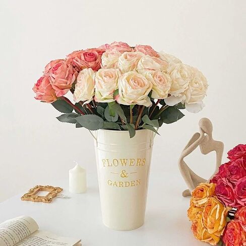 Kimura's Cabin 12pcs Lifelike Faux Silk Roses Flowers Long Stem Artificial Rose Bouquet Plastic Fake Vintage Roses for Valentines Day Home Centerpiece Wedding Party DIY Decoration(Pink White) in Kuwait