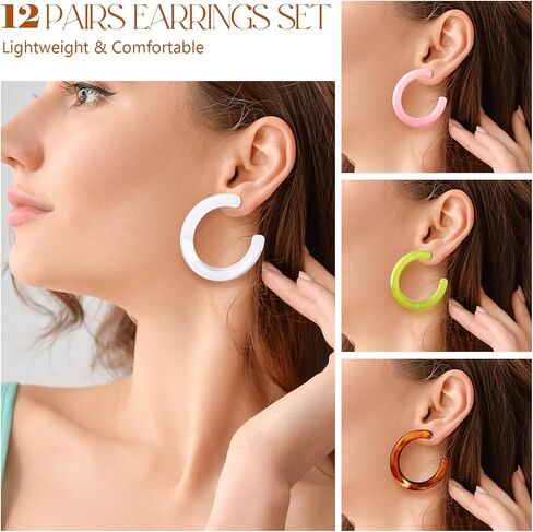 12 Pairs Acrylic Resin Hoop Earrings Set for Women Vintage Colorful C-shaped Hoop Earrings Acetic Acid Board Jewelry Gifts Fashion Accessories in Saudi Arabia