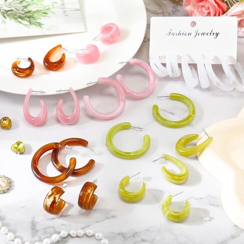 12 Pairs Acrylic Resin Hoop Earrings Set for Women Vintage Colorful C-shaped Hoop Earrings Acetic Acid Board Jewelry Gifts Fashion Accessories in Saudi Arabia