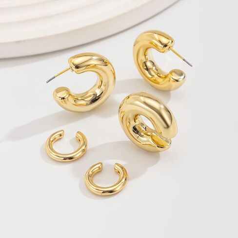 5pcs أذن الكفة أذن بيان الذهب جولة هوغ ، مقطع فضية كبيرة مكتنزة على قرط الكفة غير الثقوب للنساء in Kuwait