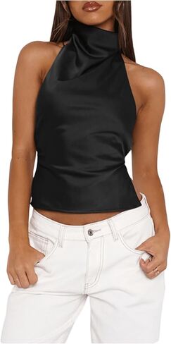 SOLY HUX Women's Satin Halter Backless Crop Top Sexy Sleeveless Tank Shirts Festival Party Clubwear in Saudi Arabia