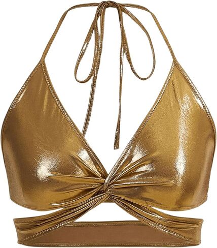 Oyoangle Women's Metallic Twist Front Halter Tops Deep V Neck Wrap Backless Crip Cami Top in Kuwait