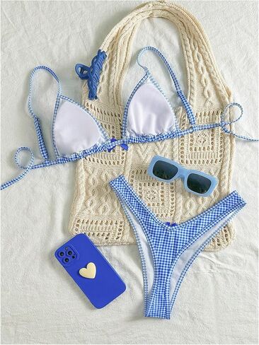 نساء 2 قطعة y2k gingham bikini مجموعات منقوشة القوس مثلث بدلة الاستحمام in Saudi Arabia