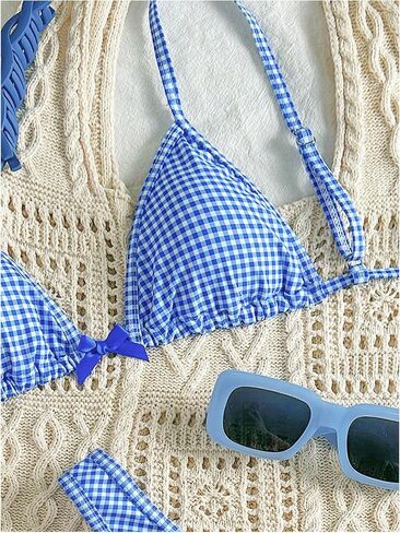 نساء 2 قطعة y2k gingham bikini مجموعات منقوشة القوس مثلث بدلة الاستحمام in Saudi Arabia