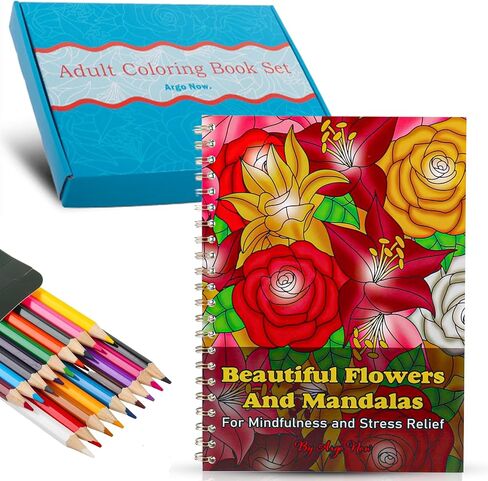 Argo Now Adult Coloring Book Spiral Bound - 40 Single Sided Drawings of Beautiful Flowers & Mandalas, with 36 Fiber Markers. A Perfect Stress Relief Coloring Book and Relaxation Gifts for Women. in Saudi Arabia