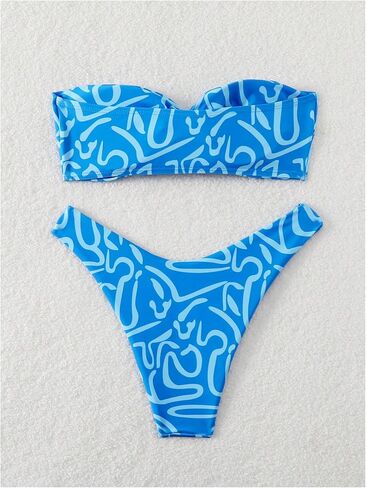 GORGLITTER Women's Strapless Bandeau Bikini Sets High Cut Thong Graphic Twist Swimsuits Bathing Suit in Saudi Arabia