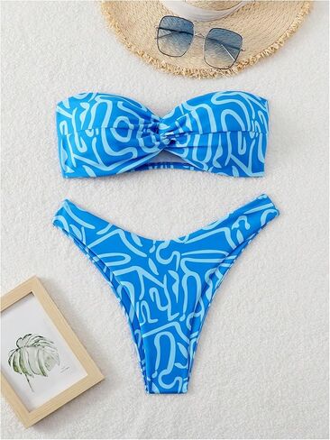 GORGLITTER Women's Strapless Bandeau Bikini Sets High Cut Thong Graphic Twist Swimsuits Bathing Suit in Saudi Arabia