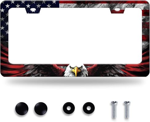 American Flag Eagle Patriotic License Plate Frame USA Flag License Plate Stainless Steel Funny License Plate Holder for Men Women Colorful Car Accessories Decoration 12.3" x 6.3" in Kuwait