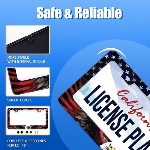 American Flag Eagle Patriotic License Plate Frame USA Flag License Plate Stainless Steel Funny License Plate Holder for Men Women Colorful Car Accessories Decoration 12.3" x 6.3" in Kuwait