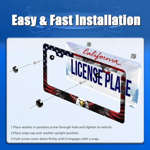 American Flag Eagle Patriotic License Plate Frame USA Flag License Plate Stainless Steel Funny License Plate Holder for Men Women Colorful Car Accessories Decoration 12.3" x 6.3" in Kuwait