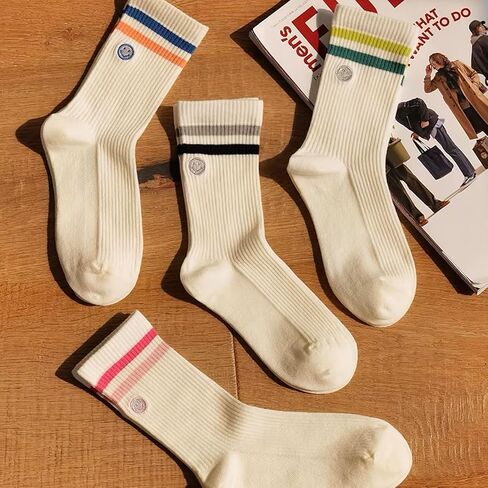 Womens Solid Color Two Stripe Crew Socks Casual Athletic Smiling Face Ankle Socks for women Girls in Saudi Arabia