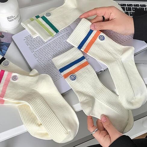 Womens Solid Color Two Stripe Crew Socks Casual Athletic Smiling Face Ankle Socks for women Girls in Saudi Arabia