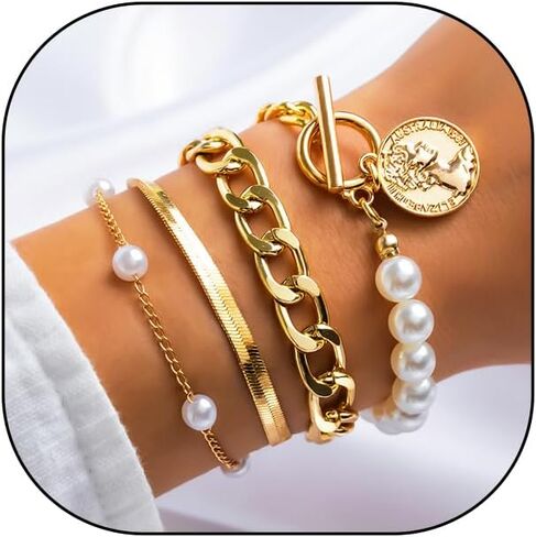 GIGB PBDK أساور ذهبية مكتنزة للنساء بوهو قابلة للتكديس لؤلؤة كوين سوار Snake Cuban Papercle -chain Bracelets Exhipery Everyday Jewelry Associory in Saudi Arabia