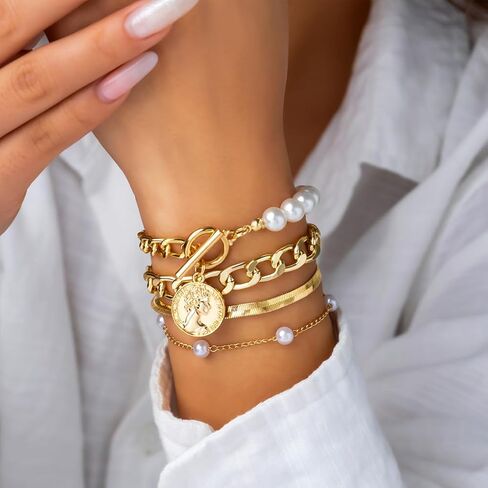 GIGB PBDK أساور ذهبية مكتنزة للنساء بوهو قابلة للتكديس لؤلؤة كوين سوار Snake Cuban Papercle -chain Bracelets Exhipery Everyday Jewelry Associory in Saudi Arabia