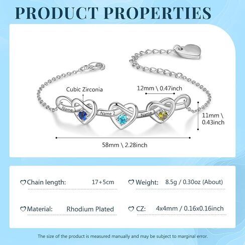 ziella Personalized Birthstone Bracelets for Women,Infinity Linked Heart Bracelet with 2-6 Birthstones and Custom Engraved Name,Mothers Day Gifts for Mom Daughter Wife Grandma in Saudi Arabia