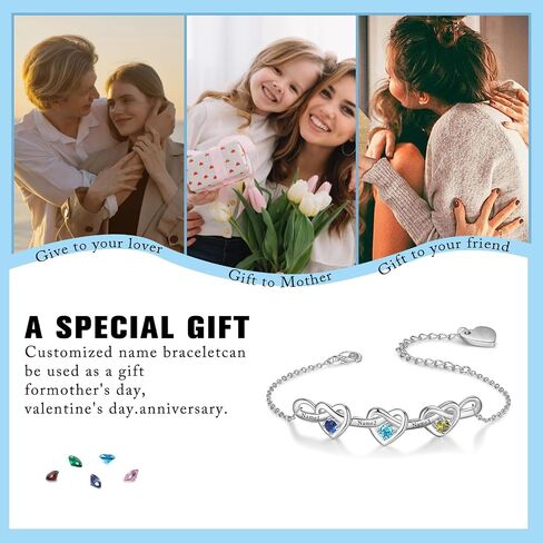 ziella Personalized Birthstone Bracelets for Women,Infinity Linked Heart Bracelet with 2-6 Birthstones and Custom Engraved Name,Mothers Day Gifts for Mom Daughter Wife Grandma in Saudi Arabia