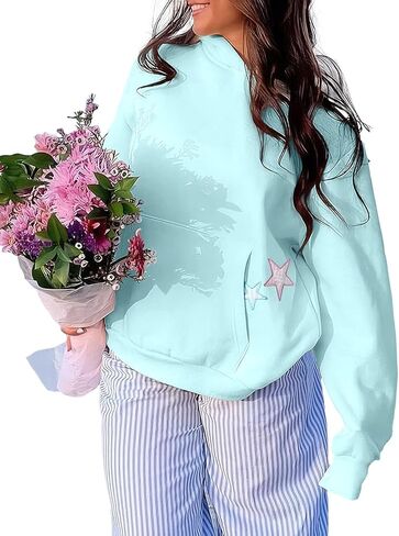 BAIGRAM Women Y2K Stars Graphic Oversized Fleece Hoodies Preppy Aesthetic Drop Shoulder Fall Outfits Girl Sweatshirt Pullover in Saudi Arabia