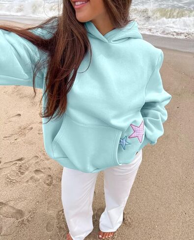 BAIGRAM Women Y2K Stars Graphic Oversized Fleece Hoodies Preppy Aesthetic Drop Shoulder Fall Outfits Girl Sweatshirt Pullover in Saudi Arabia