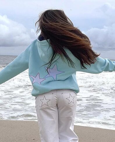 BAIGRAM Women Y2K Stars Graphic Oversized Fleece Hoodies Preppy Aesthetic Drop Shoulder Fall Outfits Girl Sweatshirt Pullover in Saudi Arabia