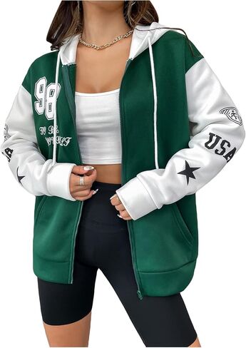 Makemechic Women للنساء غير الرسمي الرسومية بلوك بلوك من النوع الثقيل طويل الأكمام Zip Up Quartring Hoodie Tops stops stops in Saudi Arabia