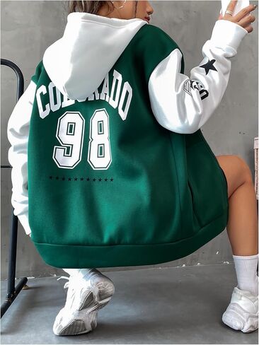 Makemechic Women للنساء غير الرسمي الرسومية بلوك بلوك من النوع الثقيل طويل الأكمام Zip Up Quartring Hoodie Tops stops stops in Saudi Arabia