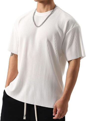 Men's Athletic Ribbed Tee - Oversized Gym Shirt with Muscle Contouring Fit for HIIT & Street Style T84 in Kuwait