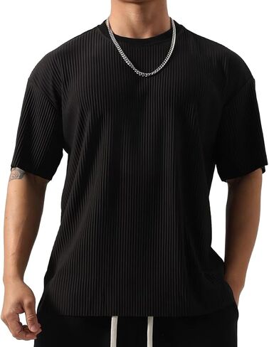 Men's Athletic Ribbed Tee - Oversized Gym Shirt with Muscle Contouring Fit for HIIT & Street Style T84 in Kuwait
