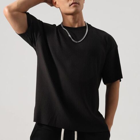 Men's Athletic Ribbed Tee - Oversized Gym Shirt with Muscle Contouring Fit for HIIT & Street Style T84 in Kuwait