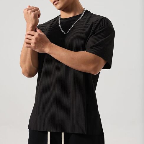 Men's Athletic Ribbed Tee - Oversized Gym Shirt with Muscle Contouring Fit for HIIT & Street Style T84 in Kuwait